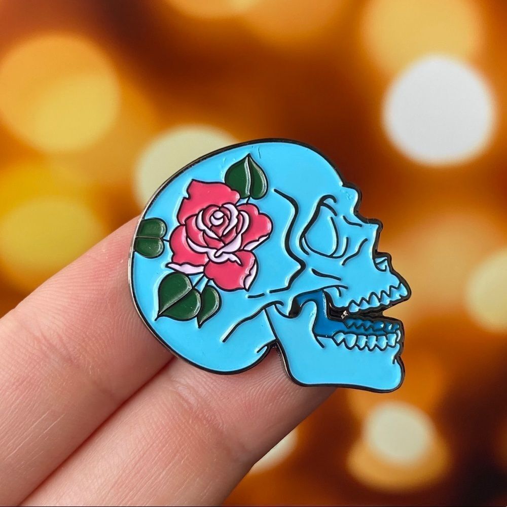 Rose & Blue Calavera Enamel Pin/ Brooch